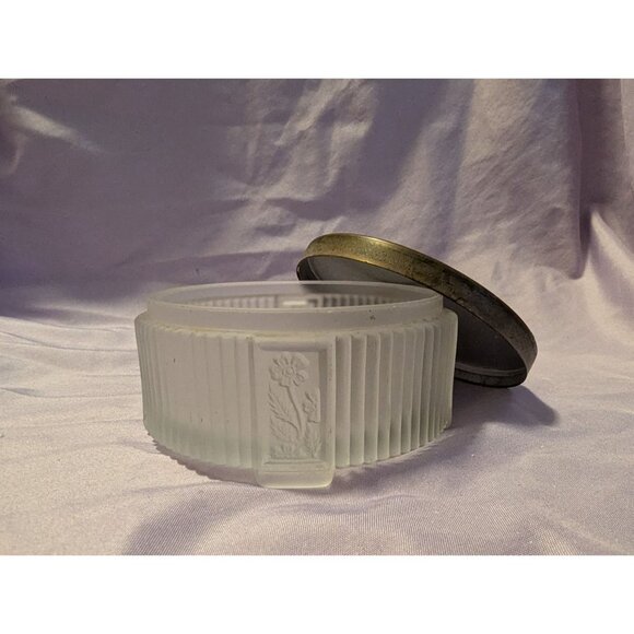 Vintage Frosted Glass Powder Vanity Jar Blue Enamel Floral Brass Lid Art Deco - Picture 2 of 3